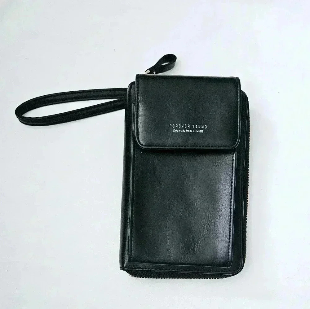 Yoviee Women Clutch Bag Purse 100% Black  Leather Travel Wallet Multi-purpose .